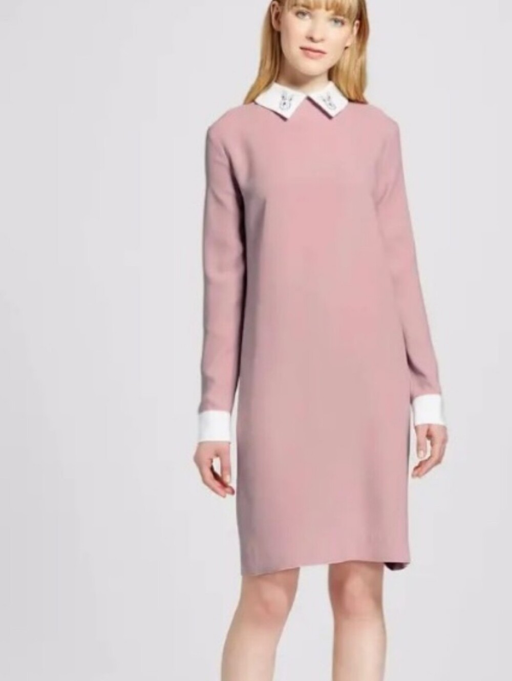 Victoria Beckham Blush Pink Long-Sleeve Shift Dress with White Collar Size XS